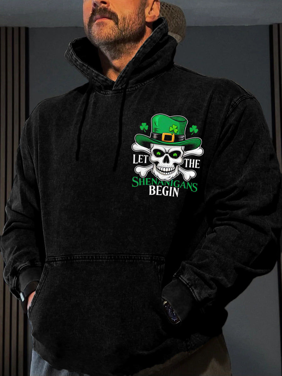 Hombres Funny St Patrick's Day Let The Shenanigans Begin Skull Shamrock Print Casual Sudadera con capucha
