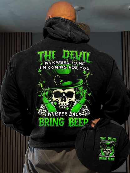 Hombres Funny St Patrick Day Skull I Whisper Back To Devil Bring Beer Print Sudadera con capucha casual
