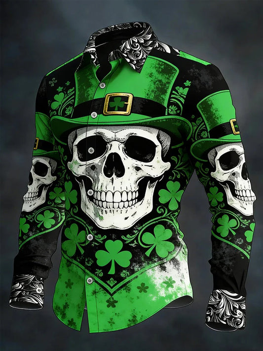 Camisa casual de manga larga con estampado de cráneo de día de San Patricio para hombre