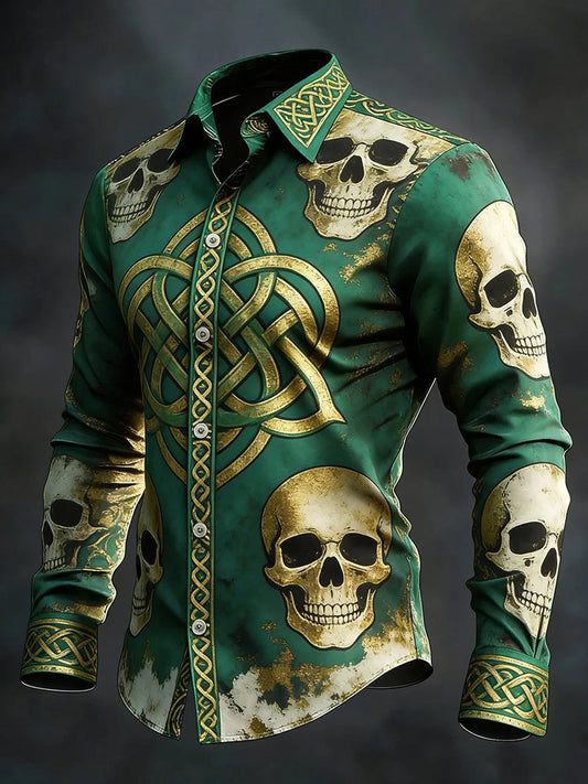 Camisa casual de manga larga con estampado de cráneo de día de San Patricio para hombre