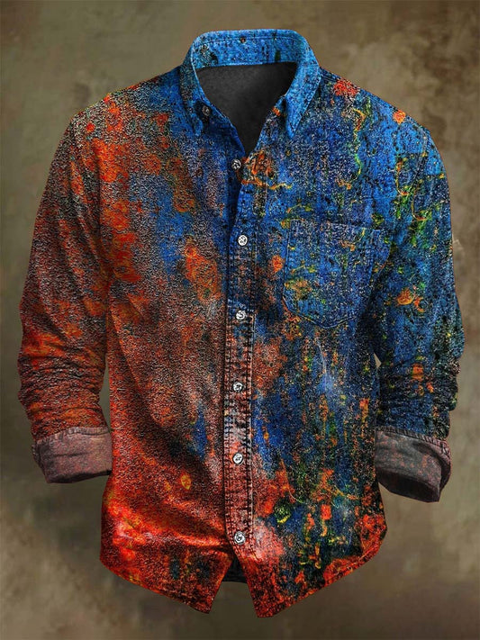 Camisa de manga larga casual con estampado de textura apenada vintage abstracta