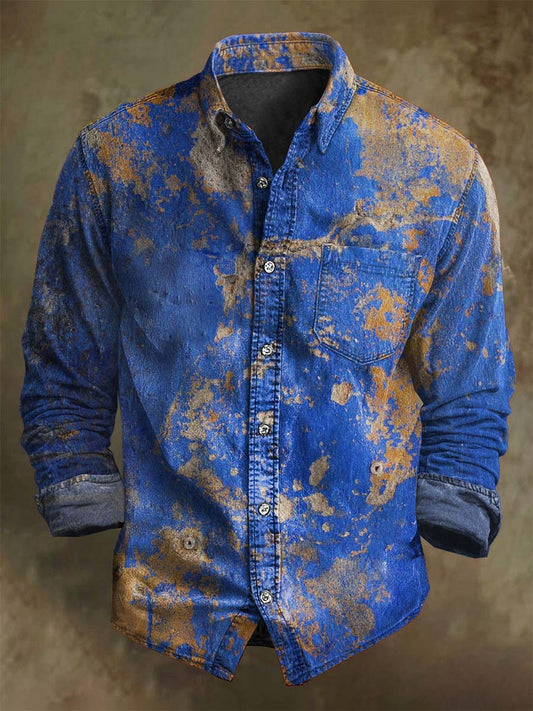 Camisa de manga larga casual con estampado de textura apenada vintage abstracta