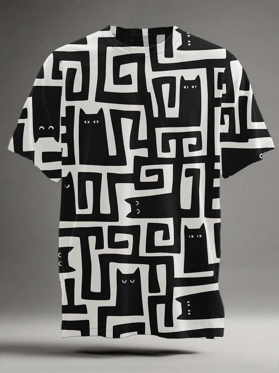 Black Cat Maze Print Casual Camiseta de manga corta