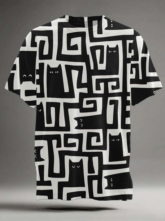 Black Cat Maze Print Casual Camiseta de manga corta