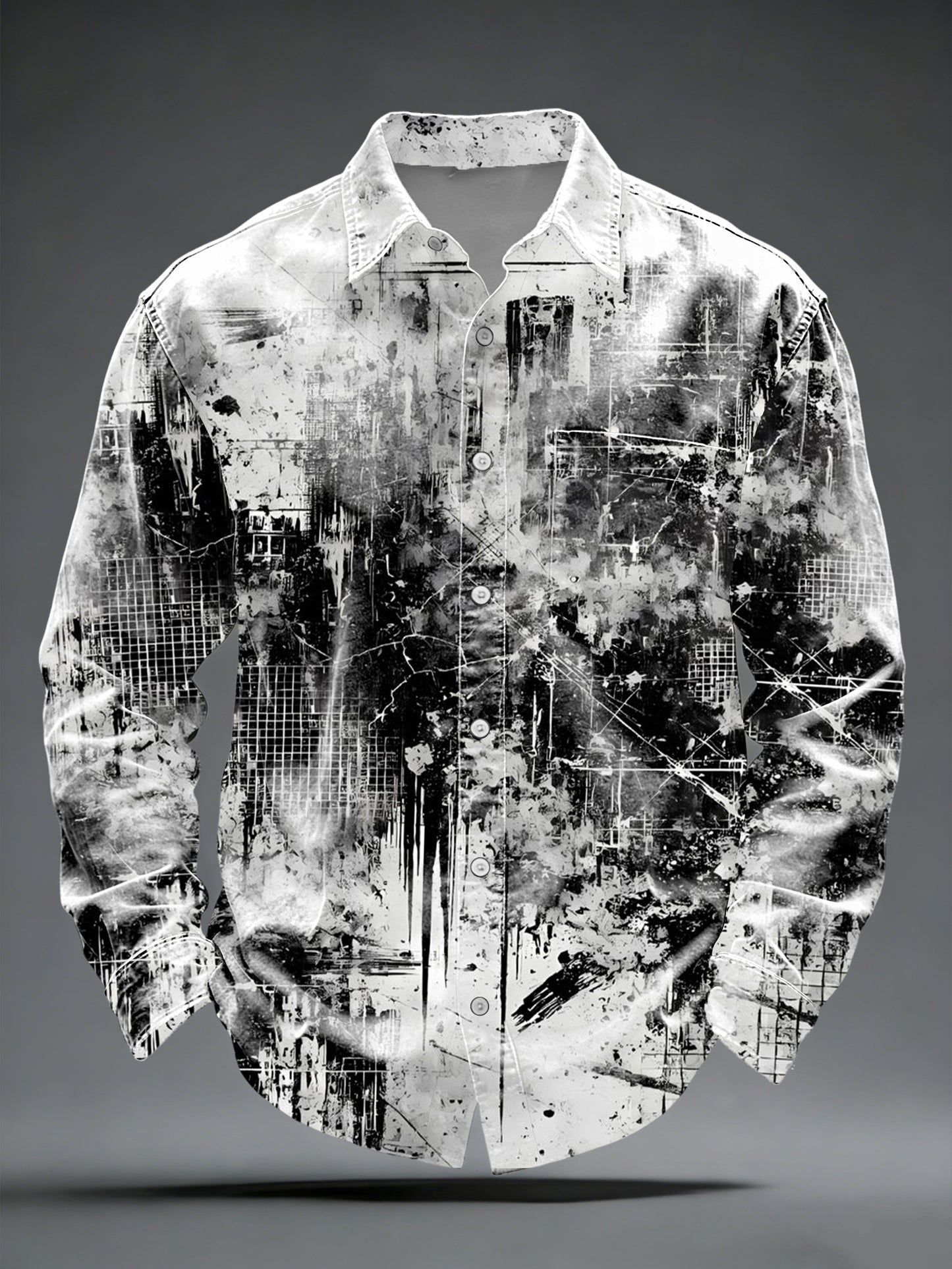 Camisa elegante con botones de arte industrial en blanco y negro para hombre