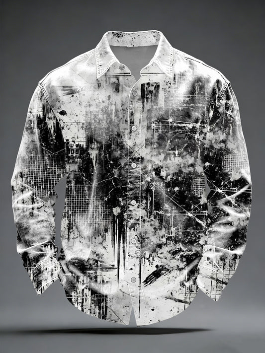 Camisa elegante con botones de arte industrial en blanco y negro para hombre