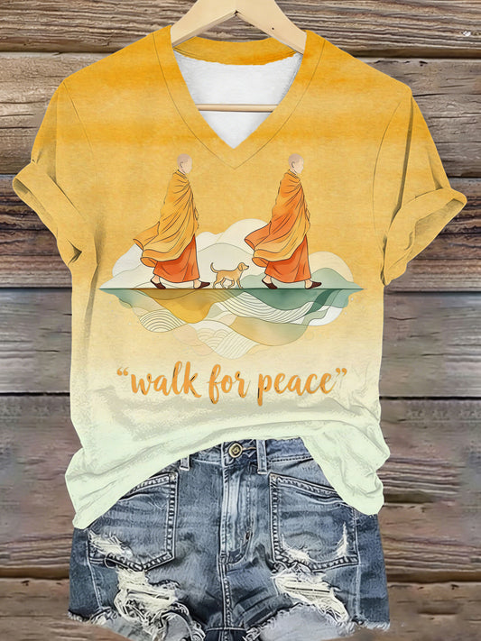 Camiseta cuello en V con estampado de elementos Walk For Peace para mujer