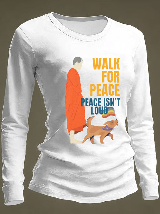 Camiseta de manga larga casual con estampado Walk For Peace para mujer