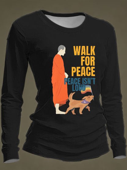 Camiseta de manga larga casual con estampado Walk For Peace para mujer