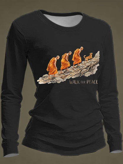 Camiseta de manga larga casual con estampado Walk For Peace para mujer