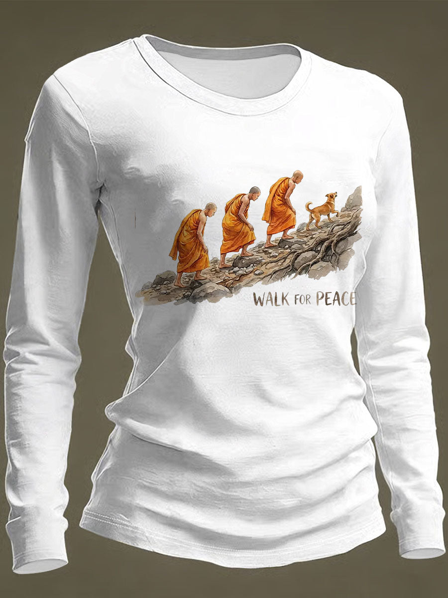 Camiseta de manga larga casual con estampado Walk For Peace para mujer