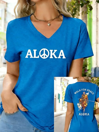 Walk For Peace Aloka Dog camiseta estampada con cuello en V para mujer