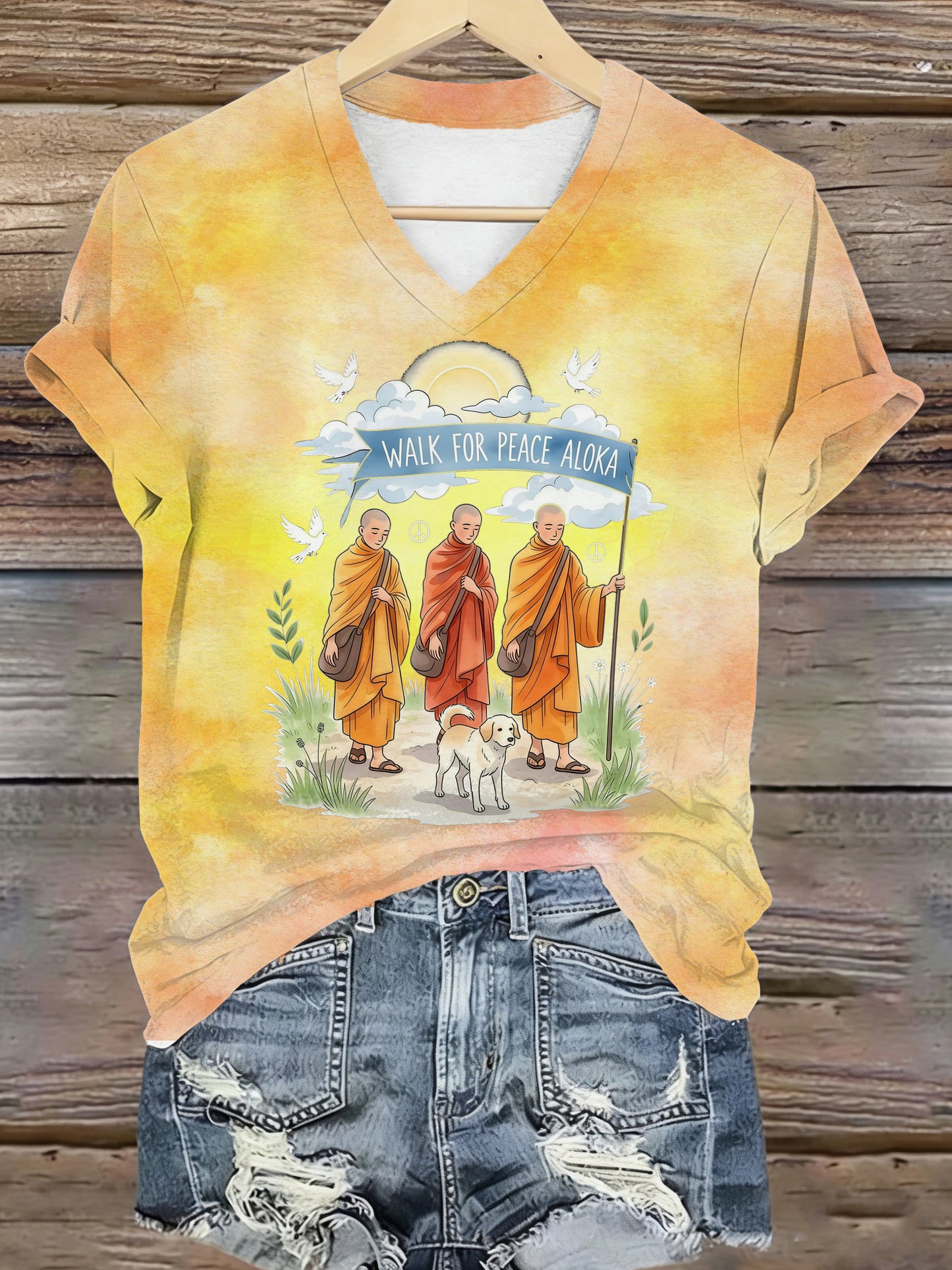 Camiseta cuello en V con estampado de elementos Walk For Peace para mujer