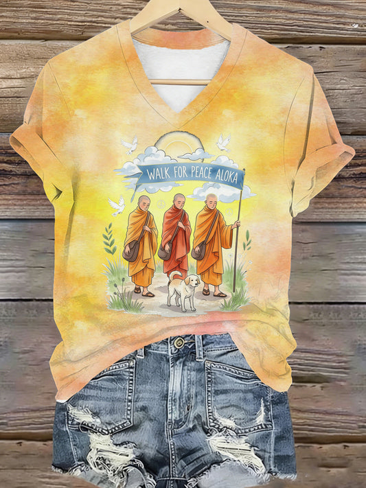 Camiseta cuello en V con estampado de elementos Walk For Peace para mujer