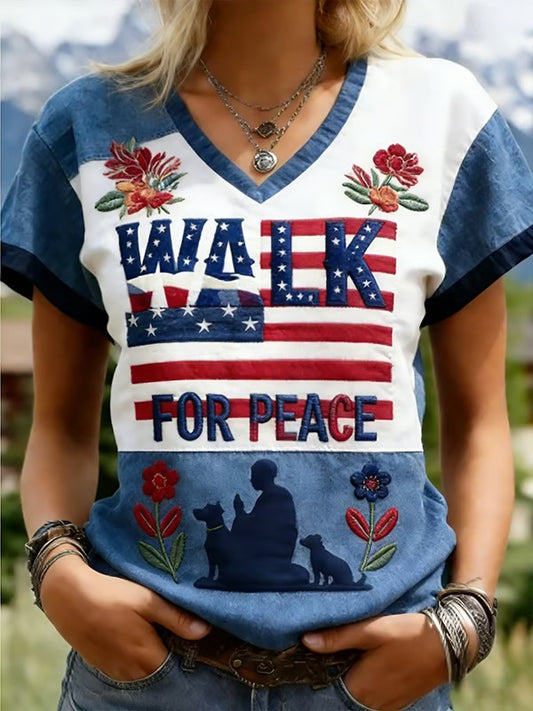 Camiseta con cuello en V estampada Walk For Peace para mujer
