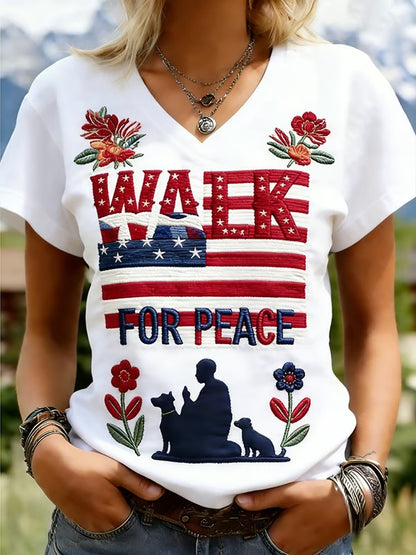 Camiseta con cuello en V estampada Walk For Peace para mujer