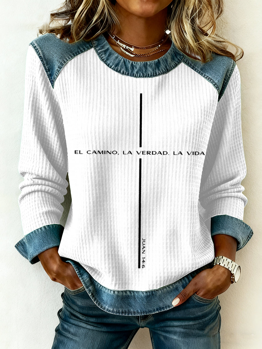 Top de patchwork denim con estampado de fe para mujer