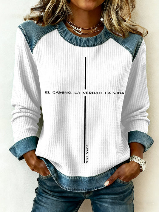 Top de patchwork denim con estampado de fe para mujer