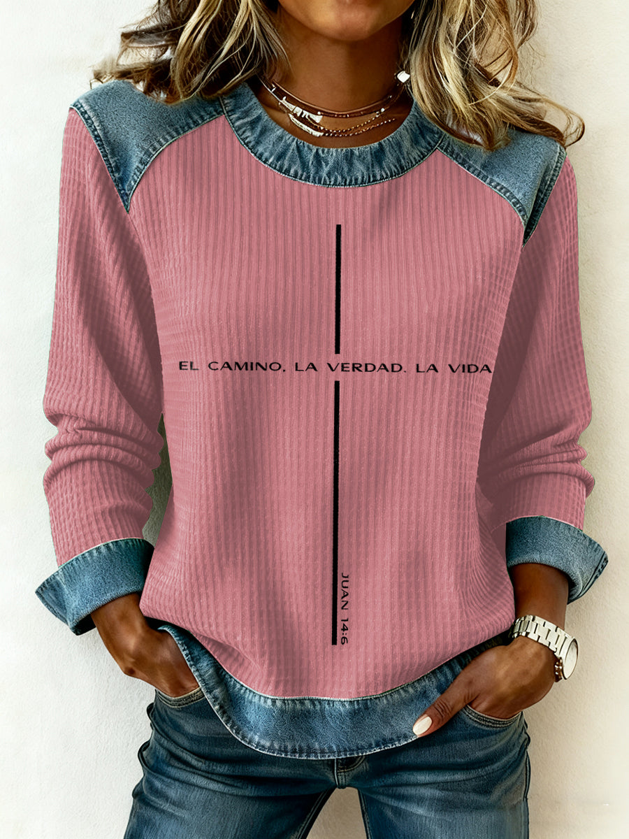 Top de patchwork denim con estampado de fe para mujer