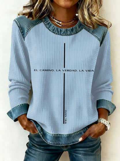 Top de patchwork denim con estampado de fe para mujer