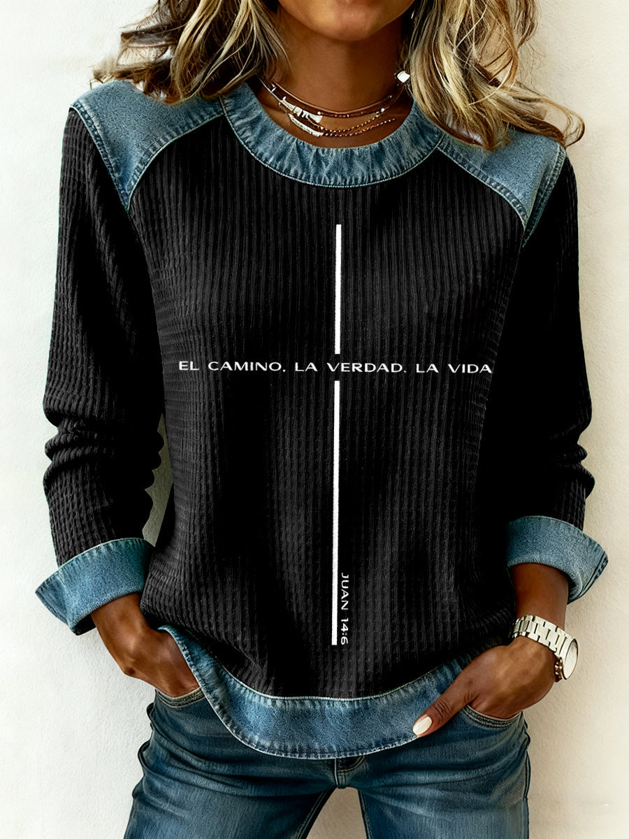 Top de patchwork denim con estampado de fe para mujer