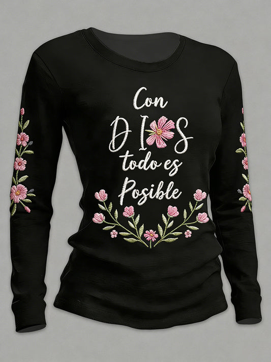 Camiseta de manga larga con cuello redondo estampado de fe para mujer