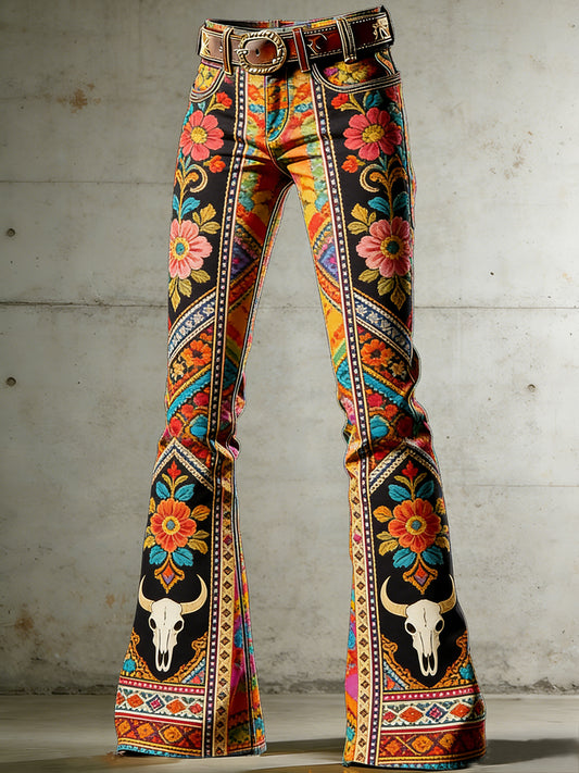 Pantalones acampanados con estampado de arte de flores bohemias para mujer