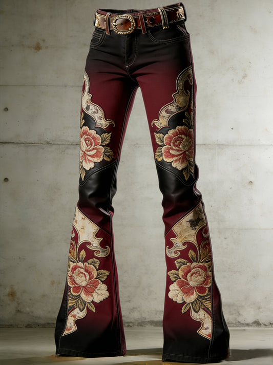 Pantalones acampanados con estampado de flores occidentales para mujer