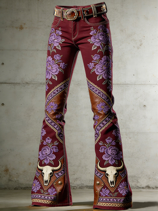 Pantalones acampanados con estampado de flores occidentales para mujer