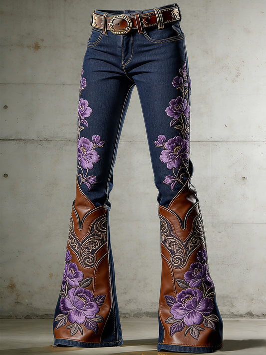 Pantalones acampanados con estampado de flores occidentales para mujer