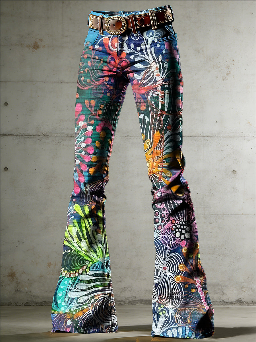 Pantalones acampanados con estampado artístico de flores para mujer