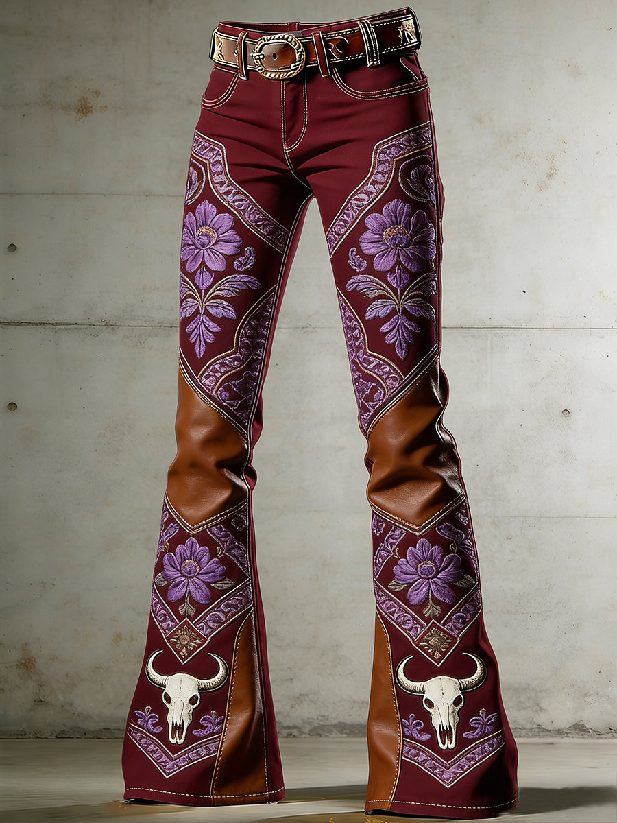 Pantalones acampanados con estampado de flores occidentales para mujer