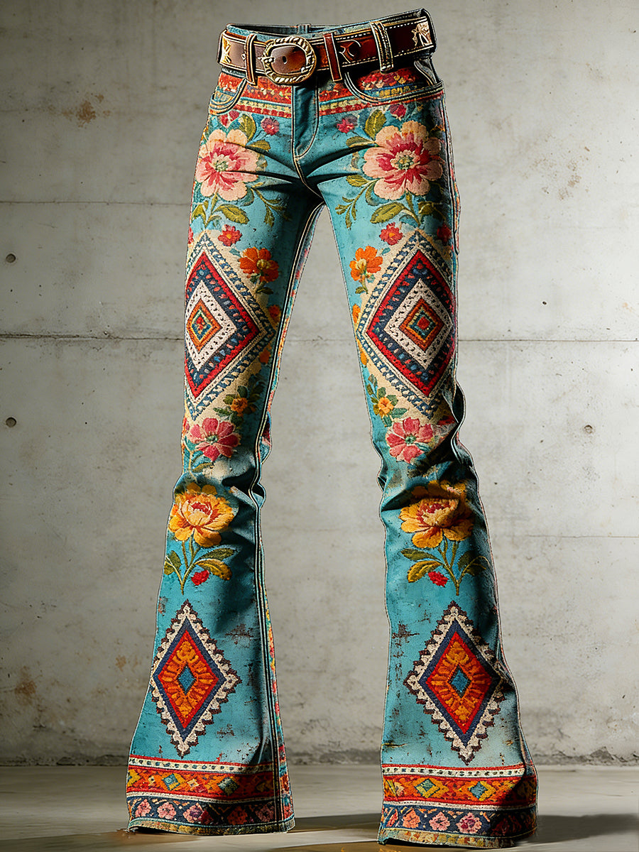 Pantalones acampanados con estampado de arte de flores bohemias para mujer