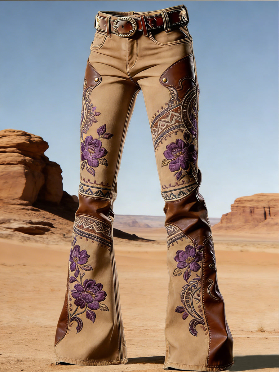 Pantalones acampanados con estampado de flores occidentales para mujer