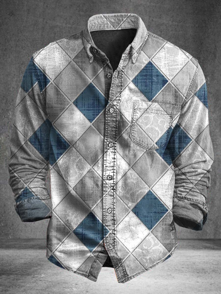 Diamond-Pattern Patchwork Imprimir Casual Camisa de manga larga