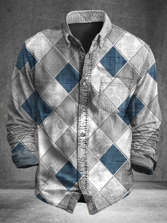 Diamond-Pattern Patchwork Imprimir Casual Camisa de manga larga