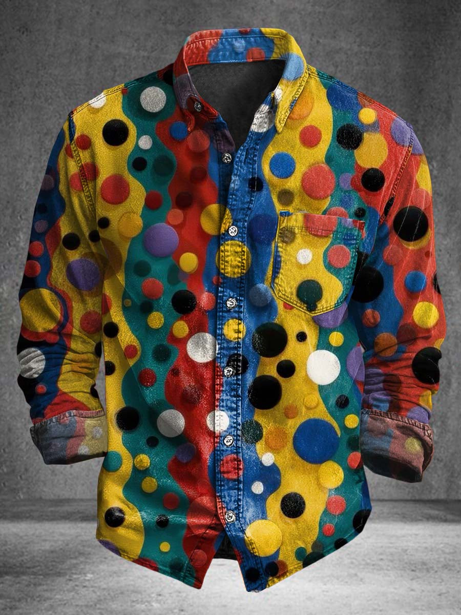 Camisa de manga larga casual con estampado de lunares coloridos