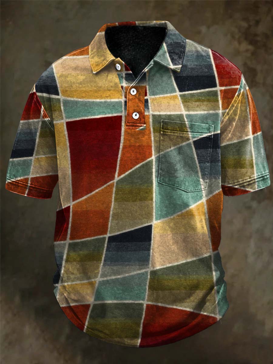 Polo de manga corta casual con estampado de bloques de color retro
