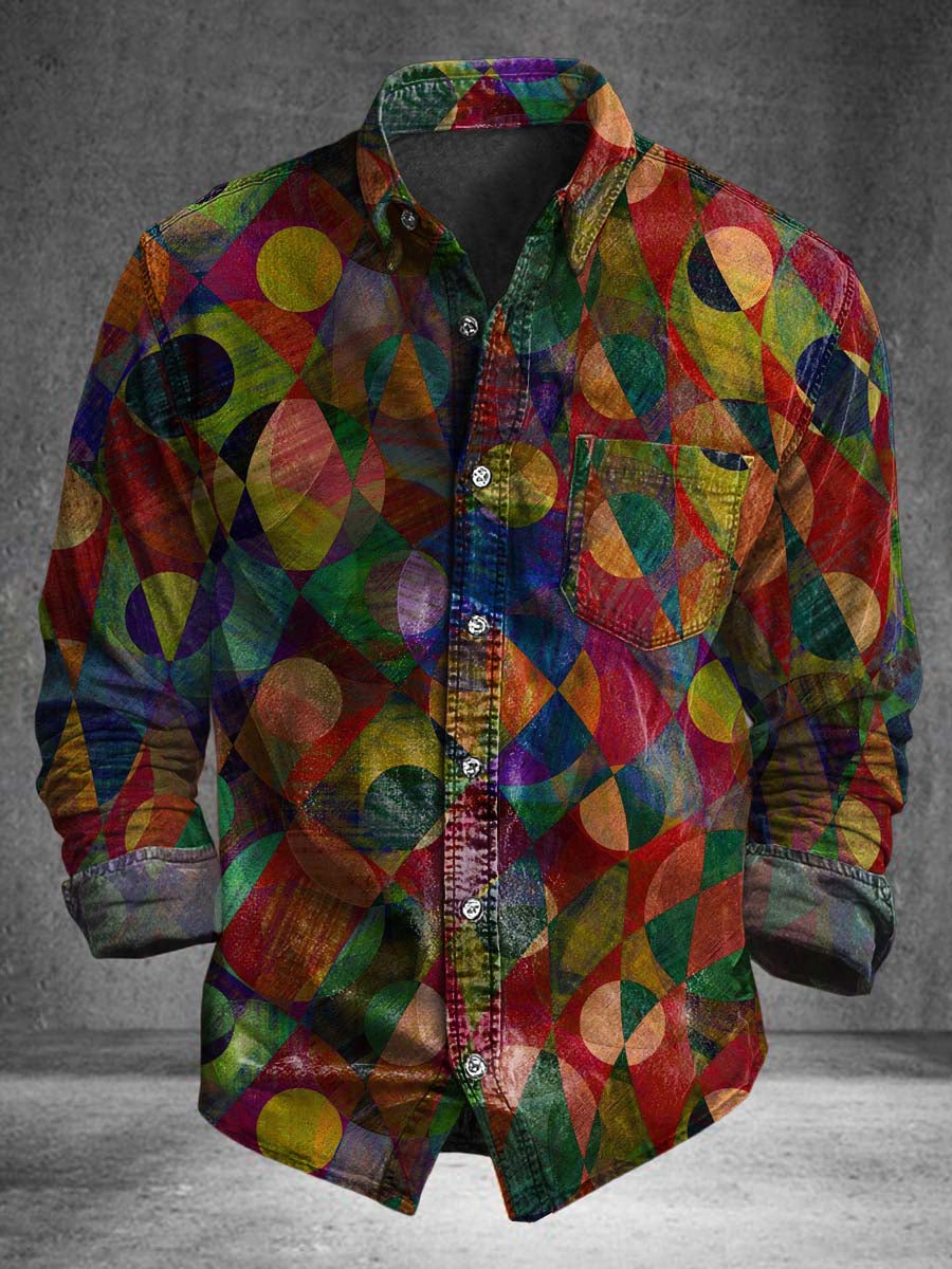 Camisa de manga larga casual con estampado de triángulo de cuello redondo y color abstracto bloqueado