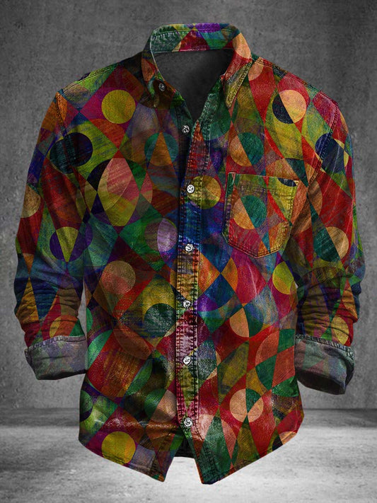 Camisa de manga larga casual con estampado de triángulo de cuello redondo y color abstracto bloqueado