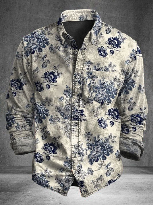 Camisa de manga larga casual con estampado floral retro