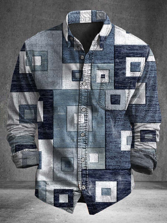 Camisa casual de manga larga con estampado de bloques en tono azul