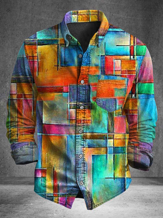 Camisa de manga larga casual con estampado de bloques de color de pintura al óleo
