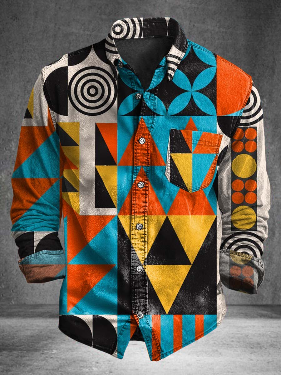 Camisa de manga larga casual con estampado de collage geométrico