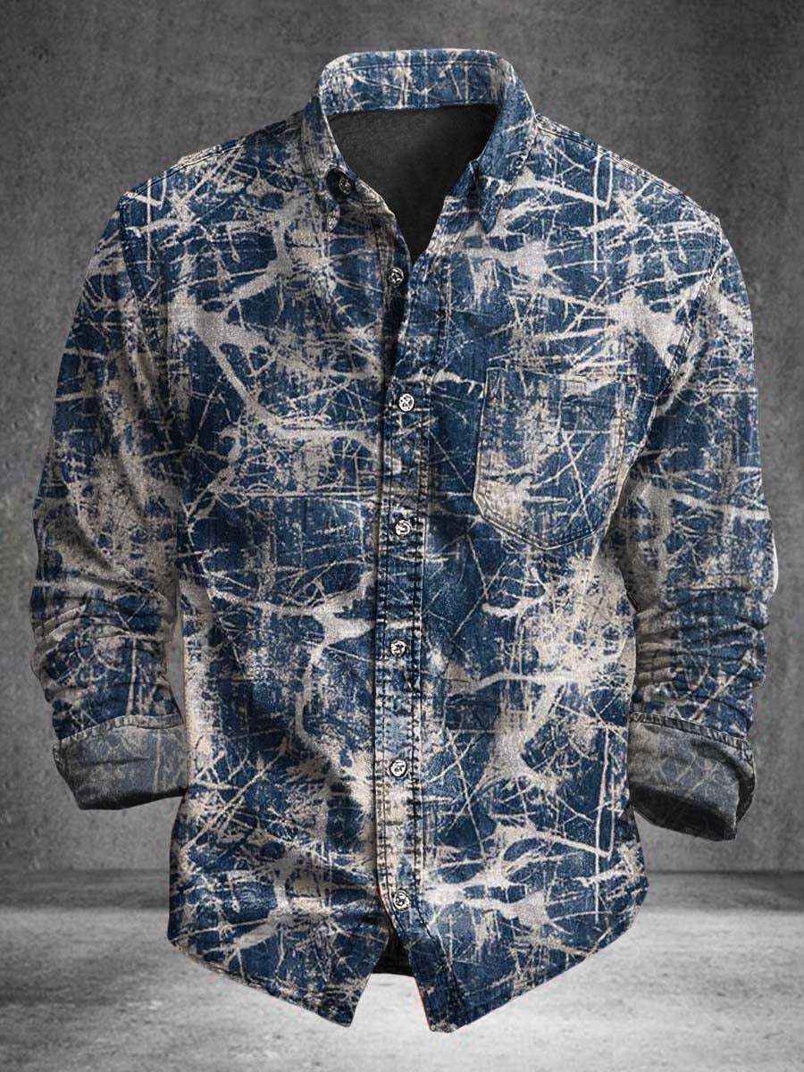 Camisa de manga larga informal de impresión de tinta de vaquero abstracto