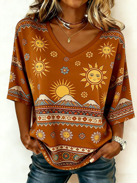 Camiseta española del hombro de la gota del cuello en V de la impresión del hippie de las mujeres