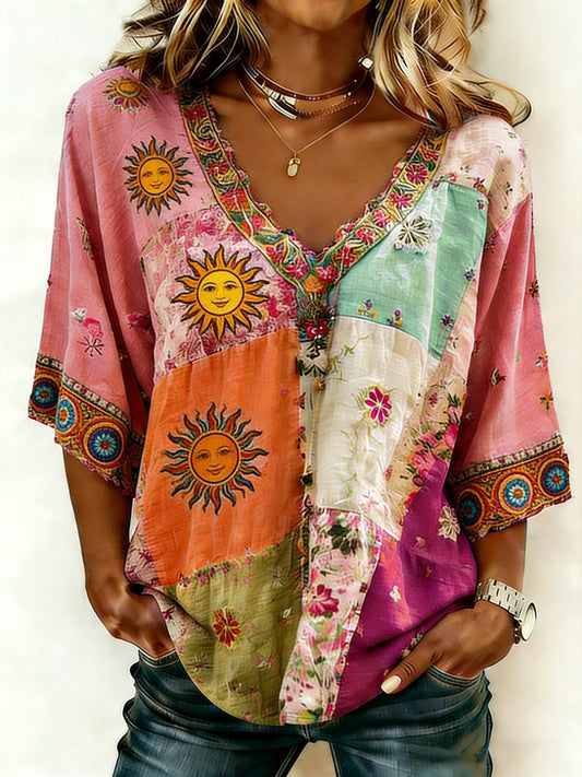 Camiseta de mujer estilo hippie con estampado, cuello en V y hombros caídos