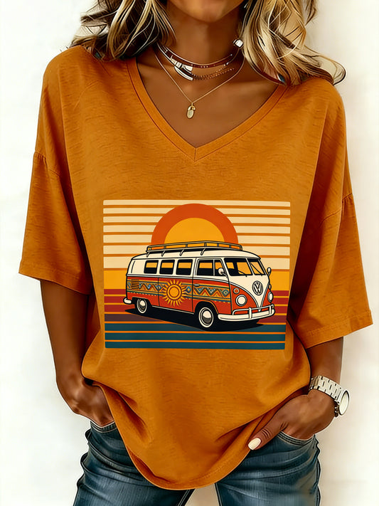 Camiseta de mujer estilo hippie con estampado, cuello en V y hombros caídos