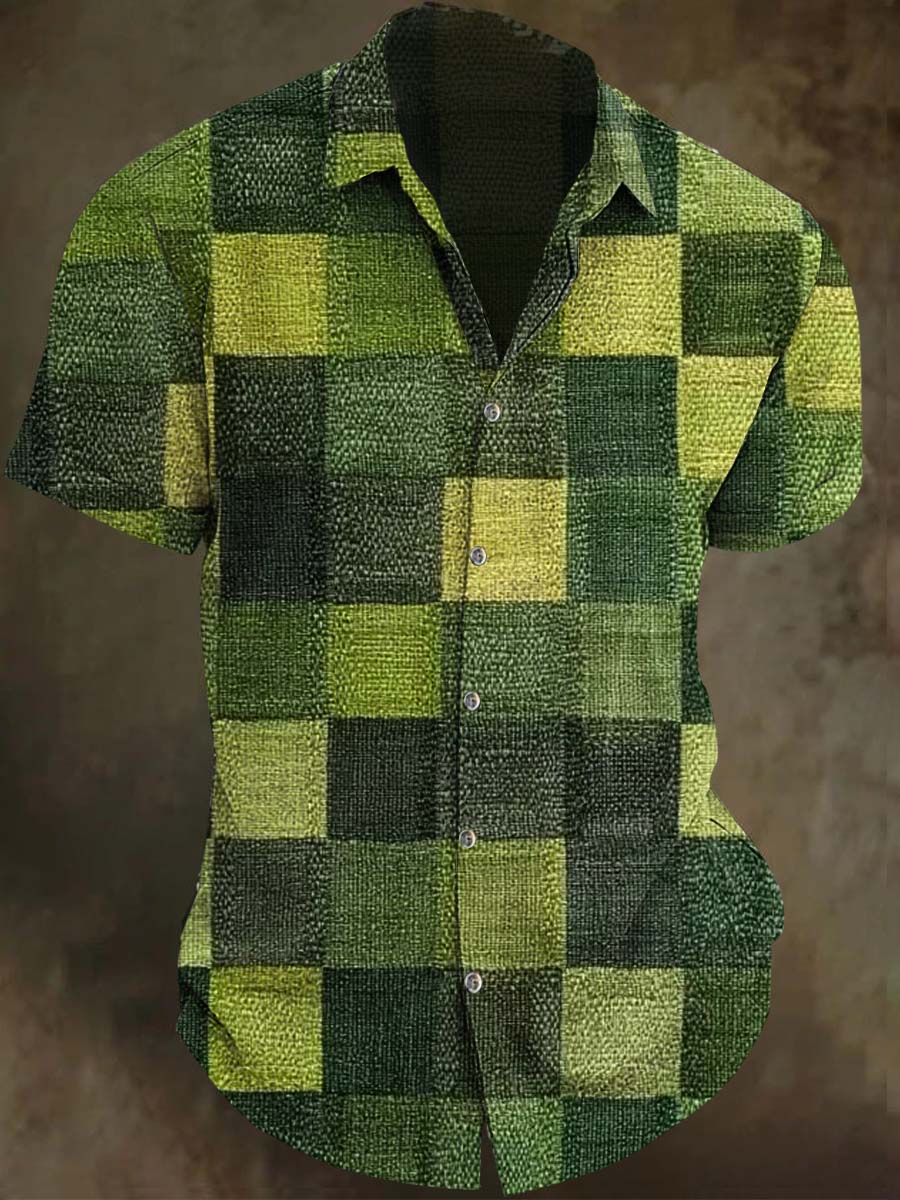 Camisa de manga corta casual con estampado de cuadros verdes