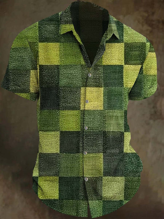 Camisa de manga corta casual con estampado de cuadros verdes